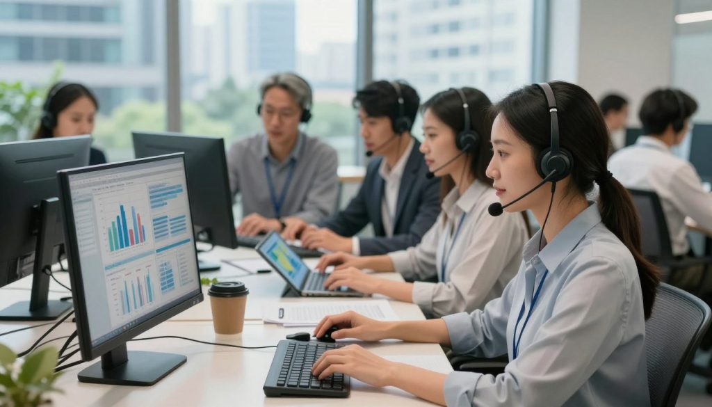A bustling outsourced customer service center, with a diverse group of professionals in modern, modest business attire engaged in conversations via headsets. In the foreground, a focused employee is assisting a customer, deeply concentrated on her screen with various analytical charts. In the middle, several colleagues are collaborating at a round table, discussing strategy while reviewing papers and digital tablets. The background features floor-to-ceiling windows revealing a lively cityscape, with hints of greenery peeking through. Soft, natural light pours in, creating a bright and positive atmosphere. The composition highlights efficiency and teamwork, with a contemporary and organized workspace. The mood is professional yet approachable, capturing the essence of a thriving outsourced customer service environment.