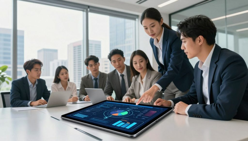 A detailed digital transformation roadmap displayed on a sleek conference table in a modern office setting. In the foreground, an interactive digital tablet showcases vibrant graphs and flowcharts, symbolizing growth and innovation. The middle ground features a diverse team of professionals in smart business attire, collaborating while pointing at the tablet, exuding focus and determination. In the background, large windows reveal a bustling cityscape, reflecting a bright, sunny day that brings an optimistic atmosphere. Soft, natural lighting enhances the sleekness of the space, while a slight tilt from an overhead angle conveys a sense of engagement and perspective. The overall mood is one of inspiration, collaboration, and forward-thinking, capturing the essence of assessing digital needs in a business context.