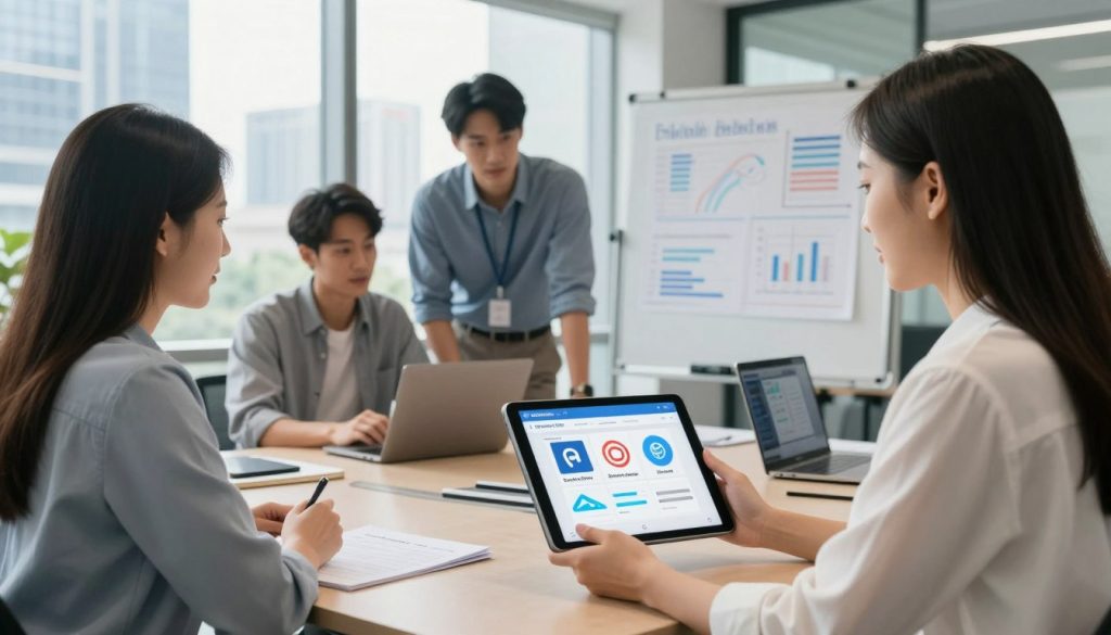 A diverse group of three business professionals engaged in a brainstorming session in a modern, bright office environment. In the foreground, a tablet displaying various low-cost digital solutions, like website builders and social media management tools, is held by a woman in smart casual attire. In the middle, a collaborative setup with laptops and digital charts on a whiteboard illustrates the integration of technology in small businesses. The background features glass windows with a city skyline, enhancing the modern, urban feel. Soft, natural lighting floods the space, creating a welcoming and productive atmosphere. The scene conveys a sense of innovation and teamwork, focusing on affordable digital solutions that empower small businesses.
