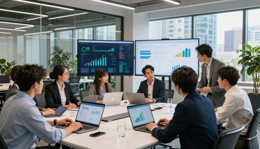 A dynamic office environment showcasing UNIC Group's services in action. In the foreground, a diverse team of professionals in business attire collaborate around a substantial conference table, reviewing digital presentations on laptops and tablets. In the middle, high-tech screens display metrics and project success stories, emphasizing innovation and teamwork. The background features a modern office space with glass walls, lush greenery, and a vibrant cityscape visible through large windows, symbolizing growth and connectivity. The scene is illuminated by bright, natural light streaming in, creating a productive and focused atmosphere. The overall mood reflects collaboration, success, and professionalism, inviting viewers to visualize UNIC Group’s impactful services in various fields.