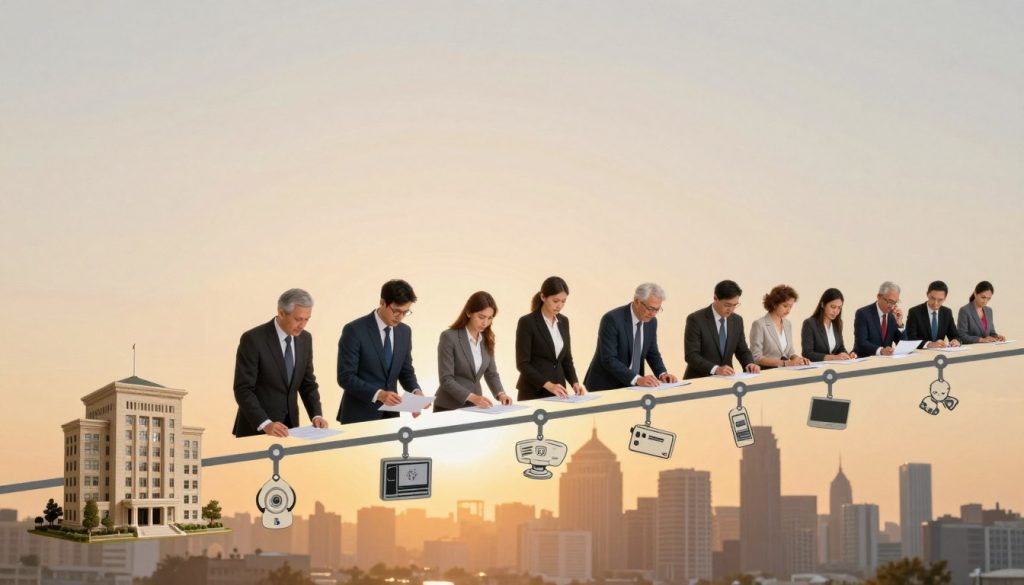 A historical timeline depicting the evolution of UNIC Group, spanning from its founding to the present day. In the foreground, illustrate a series of key milestones represented by distinct icons such as a vintage office building, early technology innovations, and modern achievements. The middle layer can showcase diverse, professional individuals in smart business attire collaborating over documents, highlighting teamwork and progress. The background should feature a gradient of historical to modern cityscapes, symbolizing growth and transformation through the decades. Soft, warm lighting casts a welcoming atmosphere, resembling a sunset that conveys both nostalgia and optimism. Use a slightly elevated angle to create depth and enhance the timeline effect, ensuring clarity and focus on the journey of UNIC Group without any text or distractions.