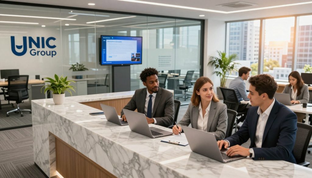 A modern corporate office environment representing UNIC Group Services, showcasing a sleek reception area with a polished marble counter and elegant decor. In the foreground, a professional team of diverse individuals in business attire is engaged in a collaborative discussion, laptop and digital devices in hand, symbolizing teamwork and innovation. The middle ground features glass walls with logo branding and presentations on digital screens, reflecting transparency and modernity. The background includes views of a vibrant city through large windows, bathing the scene in warm, natural light. The atmosphere is energetic and professional, evoking a sense of reliability and forward-thinking approach. Compose the image using a slightly elevated angle to capture the dynamic interaction and expansive office space effectively.