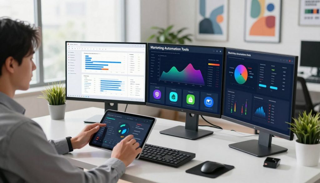 A modern digital workspace focused on "Marketing Automation Tools," featuring a sleek desk with multiple screens displaying vibrant dashboards and analytics. In the foreground, a professional individual in business attire is actively engaging with the data on the screens, intuitively using a tablet in hand. The middle plane includes a large monitor showcasing colorful graphs and marketing metrics, alongside digital icons representing various automation tools. In the background, a bright, well-lit office environment with motivational posters, plants, and abstract art adds a creative touch. Soft, natural lighting comes through large windows, enhancing the energetic and innovative atmosphere. The angle is slightly above eye level, offering a comprehensive view of the workspace and tools, emphasizing efficiency and modernity.