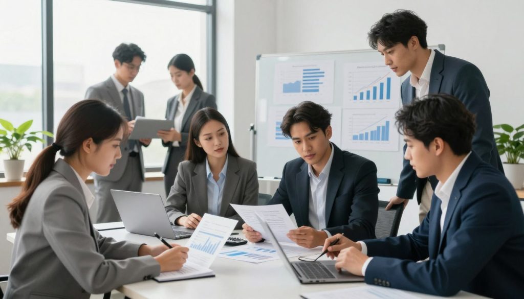A modern office environment bustling with small business activity. In the foreground, a diverse group of professionals in smart business attire are gathered around a table, analyzing financial documents and discussing strategies, with laptops and calculators in use. The middle ground features a whiteboard filled with charts and financial growth projections, alongside potted plants adding a touch of warmth. The background shows large windows letting in soft, natural light, illuminating the space and creating an inviting atmosphere. The overall mood is collaborative and focused, symbolizing success and growth through effective financial and accounting services. The image captures both professionalism and the dynamism of small business operations.