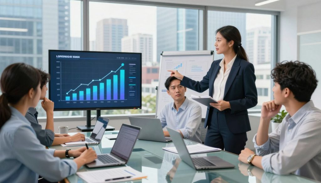 A modern office environment depicting a diverse team of professionals engaged in a strategic brainstorming session. In the foreground, a confident woman in a tailored suit presents a dynamic growth chart on a digital screen, while a thoughtful man in business casual attire takes notes. The middle ground features a glass table scattered with laptops and documents, symbolizing collaboration and innovation. In the background, large windows reveal a vibrant city skyline, reflecting ambition and opportunity. The lighting is bright and natural, enhancing the atmosphere of creativity and focus. The angle captures the interaction among the team, showcasing an engaging, productive atmosphere indicative of startup strategy consulting.