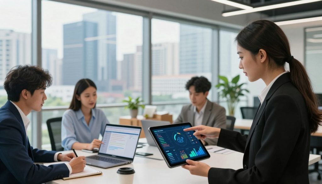 A modern office environment showcasing a diverse team engaged in a dynamic discussion around CRM solutions. In the foreground, a professional woman in a smart black blazer points at a tablet displaying colorful data visualizations. To the left, a man in a navy suit takes notes, while a woman in a light blue blouse analyzes a laptop with CRM software on screen. In the middle, a large glass window offers a view of a bustling city skyline, suggesting innovation and growth. The background features contemporary furniture and greenery, adding a touch of nature. The lighting is bright and inviting, with natural light pouring in from the window. The atmosphere is collaborative and forward-thinking, embodying the smart use of digital tools for business enhancement.