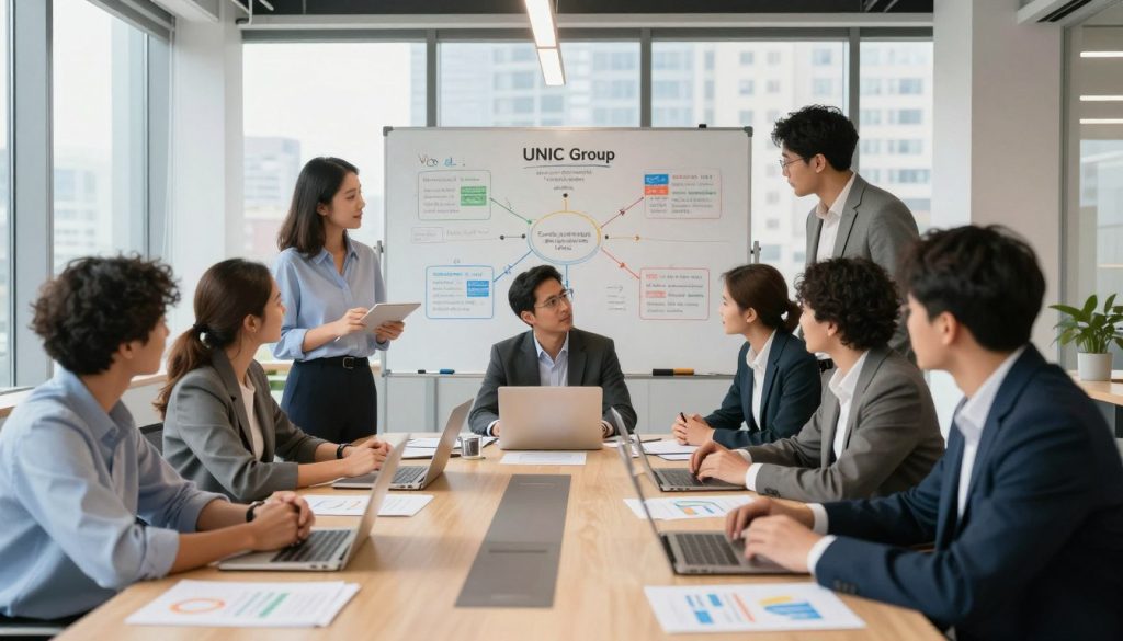 A modern office environment showcasing a diverse team of professionals collaborating on a strategic plan. In the foreground, a group of individuals in professional attire are gathered around a large conference table covered with charts, laptops, and documents, deep in discussion. The middle layer features a whiteboard filled with colorful diagrams representing the UNIC Group's vision and strategy, visible behind the team. The background includes large windows with a city skyline and natural light streaming in, creating a bright and optimistic atmosphere. The scene conveys a sense of teamwork and innovation, emphasizing the importance of implementing a unified vision. The image should have a warm, inviting tone, with soft lighting that highlights the dynamics of collaboration.