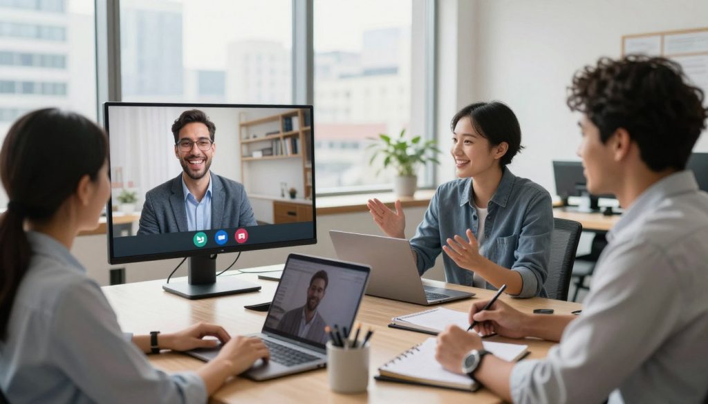 A modern office environment showcasing affordable virtual business assistance. In the foreground, a diverse team of three professionals, one woman and two men, are engaged in a video conference on a large screen. They are dressed in smart casual attire, with warm smiles reflecting collaboration and trust. In the middle ground, a cozy workspace is depicted, featuring a laptop, notepads, and a mug filled with pens. In the background, large windows reveal a bright cityscape, with soft natural light illuminating the scene, creating an inviting atmosphere. The angle should be slightly elevated, capturing both the teamwork and the organized workspace, conveying a sense of productivity and resourcefulness.