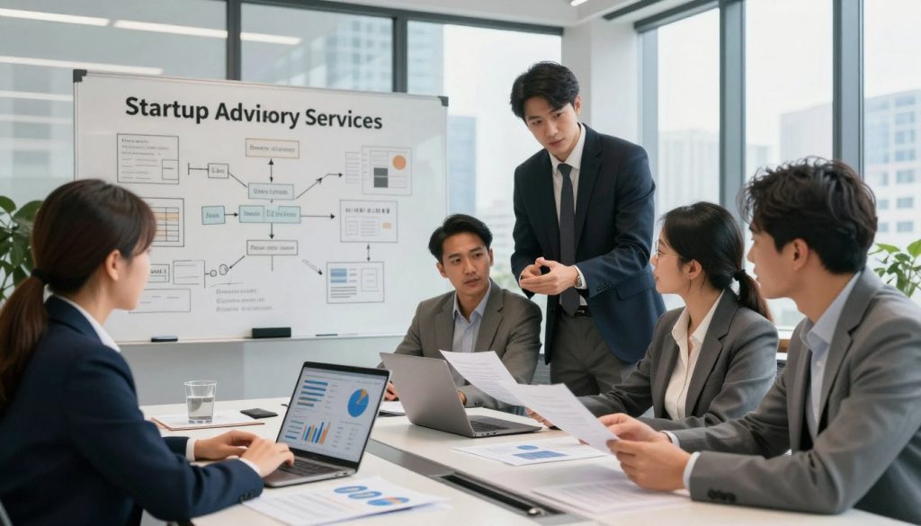 A modern office environment showcasing startup advisory services. In the foreground, a diverse group of professionals in professional business attire engage in a discussion, examining charts and data on a laptop and documents spread on a sleek conference table. The middle ground features a large whiteboard filled with ideas, strategies, and flow diagrams related to business growth. In the background, large windows let in natural light, illuminating a city skyline, suggesting a vibrant business atmosphere. The overall mood is energetic and focused, conveying a sense of collaboration and professionalism. The lighting is bright yet warm, highlighting the engaged faces of the advisors as they brainstorm solutions. Camera perspective is slightly elevated, providing a clear view of the team dynamics.