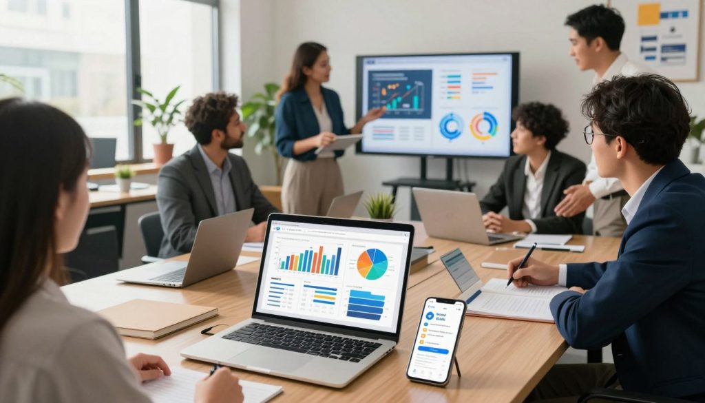 A modern office environment showcasing various marketing and customer relationship tools. In the foreground, an open laptop displays vibrant charts and analytics, with a smartphone beside it showing notifications from a customer management app. In the middle, a diverse group of professionals in smart business attire collaborates around a large table, discussing marketing strategies, surrounded by digital displays featuring engaging infographics. The background has large windows letting in natural light, illuminating potted plants and inspiring wall art related to entrepreneurship. The overall atmosphere is dynamic and productive, filled with a sense of innovation and teamwork, captured from a slightly elevated angle to convey depth and energy. Soft, warm lighting enhances the professionalism of the scene.