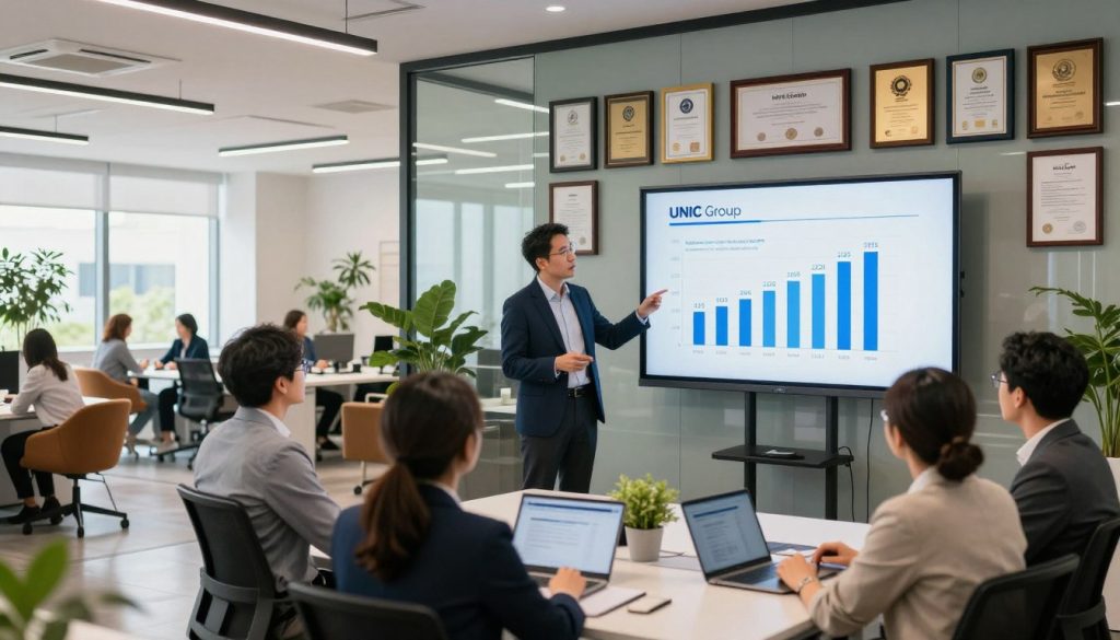 A modern office scene showcasing the achievements of UNIC Group. In the foreground, a diverse team of professionals in business attire discusses a dynamic presentation displayed on a large screen, illustrating impressive statistics and milestones. The middle ground features a sleek, glass wall adorned with framed awards and certifications, symbolizing the company's successes. In the background, a bright, open workspace is visible, filled with contemporary furniture and vibrant greenery, conveying a collaborative and innovative atmosphere. Soft, natural lighting filters through large windows, creating an uplifting and inspiring mood. The image should reflect a sense of professionalism, teamwork, and commitment to excellence, emphasizing the core values of UNIC Group.