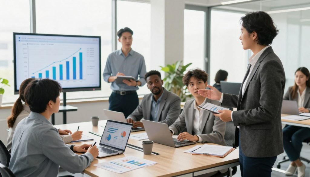 A modern office setting filled with a diverse group of professionals engaged in a collaborative discussion about business strategies. In the foreground, a confident consultant in smart business attire is presenting data on a digital tablet, gesturing towards a large screen displaying growth charts and financial metrics. In the middle, a diverse team of entrepreneurs, including a woman of Asian descent and a Black man, are actively taking notes and brainstorming ideas around a rectangular table, with open laptops and business documents scattered around. The background showcases a bright, well-lit office with large windows that filter natural sunlight, creating an inviting and energetic atmosphere. The overall mood is one of professionalism, teamwork, and innovative thinking, suggesting an environment conducive to startup success.