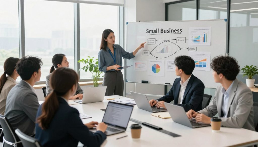 A modern office setting focused on business support services. In the foreground, a group of diverse professionals, dressed in business attire, are engaged in a brainstorming session around a sleek conference table covered with laptops, notepads, and coffee cups. The middle of the scene showcases a large whiteboard filled with graphs, strategies, and charts that illustrate success pathways for small businesses. The background reveals large windows allowing natural light to flood the room, creating an inviting atmosphere. Subtle indoor plants add a touch of greenery. The lighting is bright but soft, promoting a productive and collaborative mood. The angle is slightly elevated, providing a comprehensive view of the dynamic workplace environment where ideas and solutions flourish.