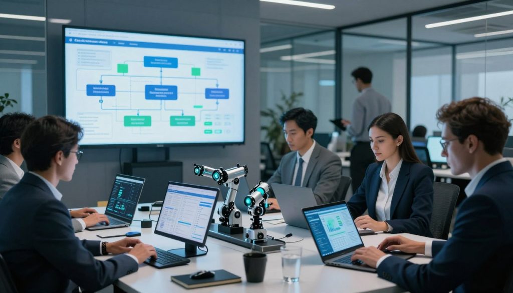 A modern office setting showcasing business process automation. In the foreground, a diverse group of professionals, dressed in business attire, intently reviewing data on digital devices. The middle ground features a large screen displaying flowcharts and statistics related to automation processes. Soft blue and green lighting emphasizes a high-tech atmosphere, while a sleek desktop with robotic elements represents the integration of AI tools. In the background, glass walls reveal a bustling office with colleagues collaborating, symbolizing productivity. The overall mood is dynamic and forward-looking, reflecting the efficient and innovative spirit of a digitally transformed workplace. Shot with a wide-angle lens to capture the entire scene, highlighting the synergy between people and technology.