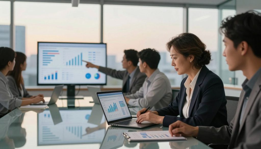 A modern office setting with a diverse group of professionals analyzing data on digital productivity solutions. In the foreground, a middle-aged woman in professional attire reviews financial graphs on a laptop, emphasizing ROI metrics. Beside her, a young man points at projections on a digital screen displaying analytics. In the middle, an elegant glass conference table reflects the glow of warm ambient lighting, enhancing a serious yet collaborative atmosphere. The background features large windows with a cityscape view, framed by soft natural light streaming in. This scene conveys focus and determination, highlighting teamwork in decision-making processes. Ensure a clean, sharp image with a soft focus effect on the background for depth.