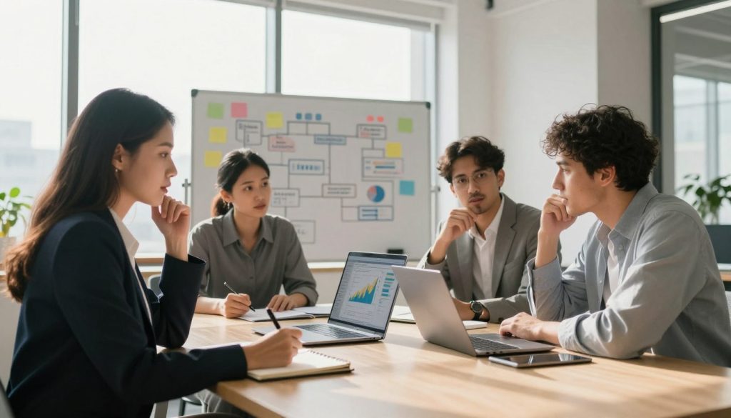 A modern office setting with a diverse group of three professionals engaged in discussion around a large table. The foreground features a confident woman in business attire, taking notes on a notepad, while two men, one of whom is pointing at a laptop screen displaying graphs and data, converse thoughtfully. In the middle ground, a whiteboard filled with sticky notes and flowcharts outlines various business strategies. The background shows tall windows with natural light flooding the room, casting soft shadows. The atmosphere is focused and collaborative, highlighting the importance of assessing business needs. Use a wide-angle lens for depth and clarity, enhancing the warm lighting to create an inviting and productive mood.