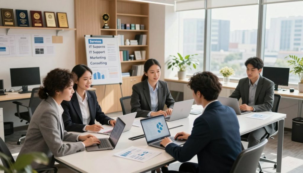 A modern office space showcasing essential business support services. In the foreground, a diverse group of three professionals dressed in smart business attire, collaborating around a sleek conference table filled with laptops, charts, and documents. In the middle ground, a well-organized office area with shelves displaying business awards and resources, while a bulletin board highlights key services like IT support, marketing, and consulting. The background features large windows with a cityscape view, allowing natural light to flood the space. Soft shadows create an inviting atmosphere. The scene is captured from a slightly elevated angle, emphasizing teamwork and professionalism, with a warm color palette to convey a sense of support and success.