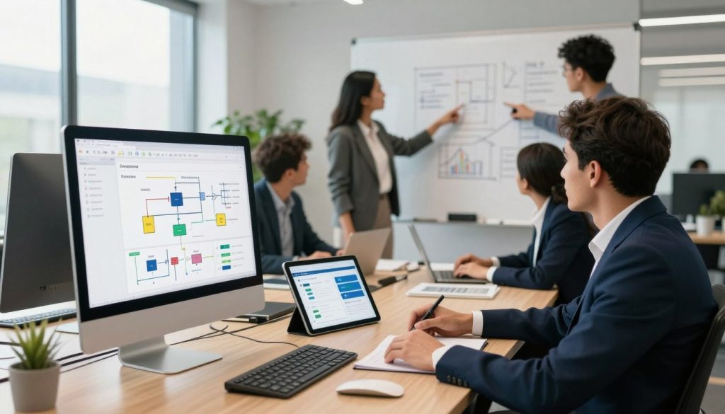 A modern office space showcasing various business process optimization tools in use. In the foreground, a sleek computer monitor displays analytics dashboards and flowcharts, while a tablet rests alongside it featuring productivity apps. In the middle, a diverse group of professionals in smart business attire collaborates around a contemporary conference table, pointing at a large whiteboard filled with diagrams and notes. The background reveals a bright, airy office with large windows letting in natural light, and plants enhancing the ambiance. The overall mood is dynamic and focused, conveying a sense of teamwork and innovation in a high-tech environment, captured with a shallow depth of field to highlight the tools and interaction.