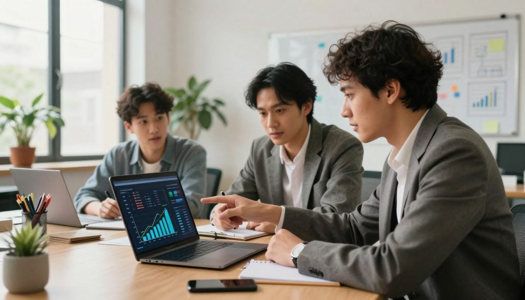A modern office workspace featuring a diverse group of three professionals collaborating around a laptop, showcasing cost-effective online business solutions. In the foreground, a woman in smart casual attire is pointing at the screen while a man in a blazer takes notes. A second man, casually dressed, is seated, looking intrigued. In the middle, a digital dashboard visible on the laptop displays graphs and charts symbolizing affordability and growth. The background features a bright, inviting office with plants, a whiteboard filled with ideas, and large windows letting in natural light. Soft, warm lighting creates a focused and optimistic atmosphere, highlighting the teamwork and innovative spirit essential for small businesses. The image captures the essence of collaboration and practical solutions in a serene yet dynamic environment.
