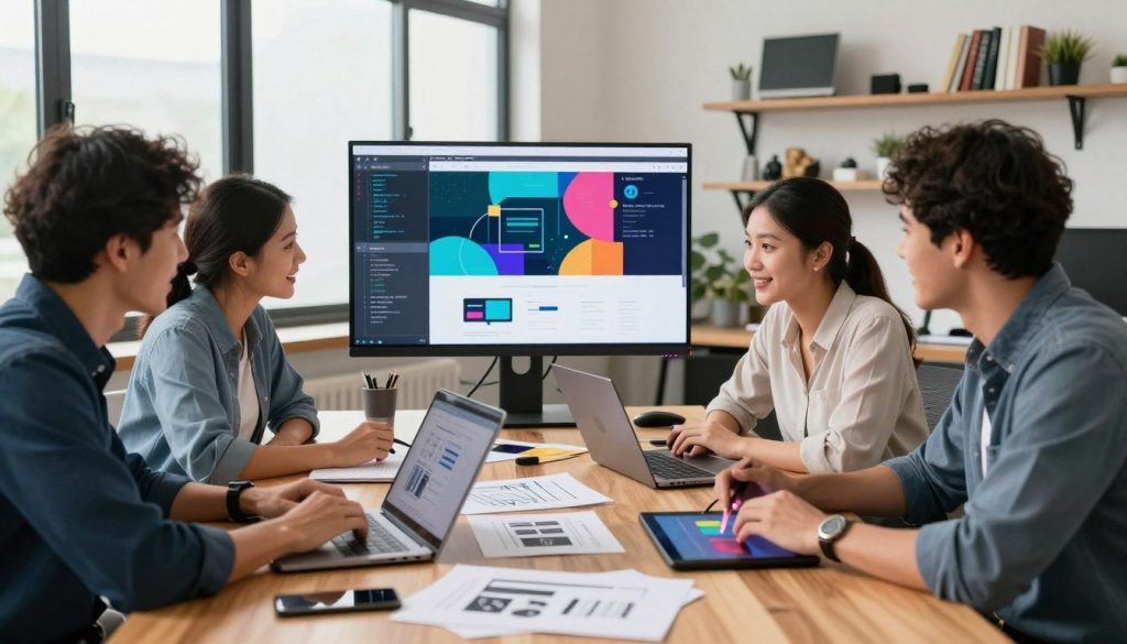 A modern office workspace focused on website development services. In the foreground, a diverse group of three professionals—two men and one woman—collaborate around a sleek, wooden table covered with laptops, design sketches, and digital tablets. They are dressed in smart casual attire, with enthusiastic expressions as they brainstorm ideas. In the middle background, a large screen displays a colorful website design in progress, surrounded by digital graphics and coding snippets. The lighting is bright and inviting, with soft, natural light streaming through large windows, creating a productive atmosphere. In the far background, shelves filled with books and tech gadgets add to the innovation theme. The overall mood is energetic and collaborative, emphasizing the importance of building an online presence for small businesses.