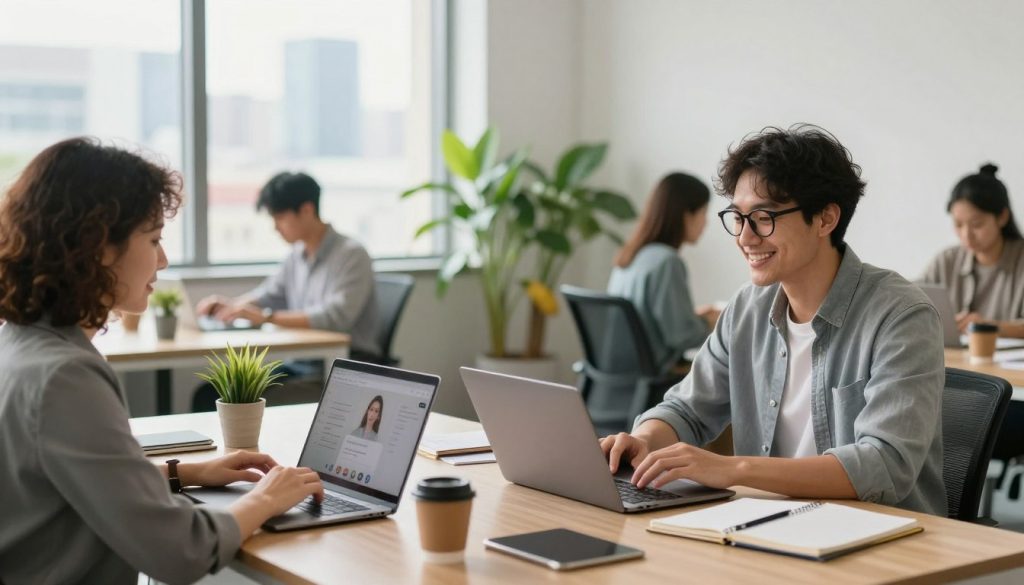 A modern remote office environment showcasing a diverse team of professionals collaborating on laptops and digital devices. In the foreground, two individuals—a woman with curly hair in a smart blazer, and a man with glasses in a casual button-up—are engaged in a video conference, smiling and discussing ideas. The middle ground features a large table cluttered with notebooks, coffee cups, and tablets, surrounded by colorful office plants. The background displays a bright, sunlit room with large windows and a view of a city skyline, reinforcing a productive atmosphere. The scene is illuminated with soft, natural light, creating a warm and inviting mood. The composition should have a slight depth of field to focus on the team while gently blurring the background.