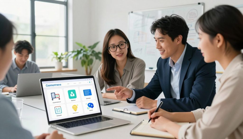 A modern workspace featuring a diverse group of professionals gathered around a sleek, digital hub, enthusiastically discussing budget-friendly online digital solutions for business growth. In the foreground, a laptop displays a colorful infographic highlighting various digital tools with icons representing software, e-commerce, and marketing strategies. The middle section shows two individuals, one a woman with glasses in smart casual attire, and a man in a neat business suit, pointing at the screen while taking notes. The background reveals a bright, open office space with large windows allowing natural light to flood in, plants adding a touch of greenery, and a whiteboard filled with brainstorming ideas. The atmosphere is collaborative and optimistic, emphasizing innovation and teamwork in a clean, professional setting.