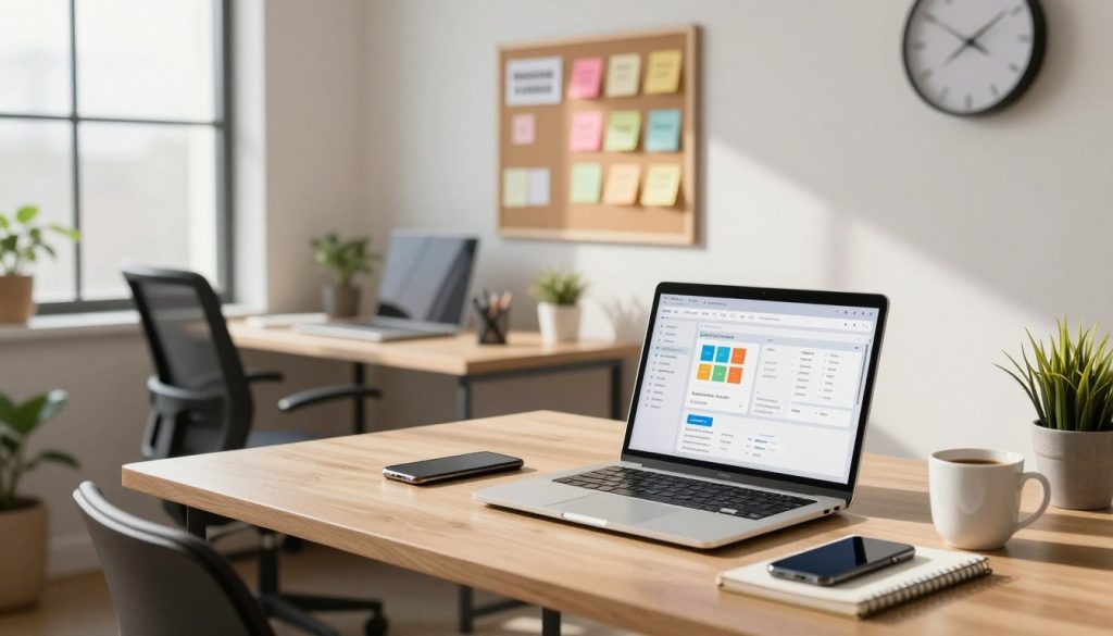 A modern workspace featuring an entrepreneur's desk filled with productivity tools. In the foreground, a sleek laptop displays a project management interface, while a smartphone, notepad, and a cup of coffee are neatly arranged nearby. The middle layer includes an ergonomic chair and a bulletin board with colorful sticky notes and motivational quotes. In the background, a large window allows natural light to flood the room, casting soft shadows and creating a warm, inviting atmosphere. The workspace is adorned with minimalistic decor, including plants and a clock, to enhance focus and creativity. The scene should convey a sense of professionalism and productivity, reflecting a motivated entrepreneur's environment.