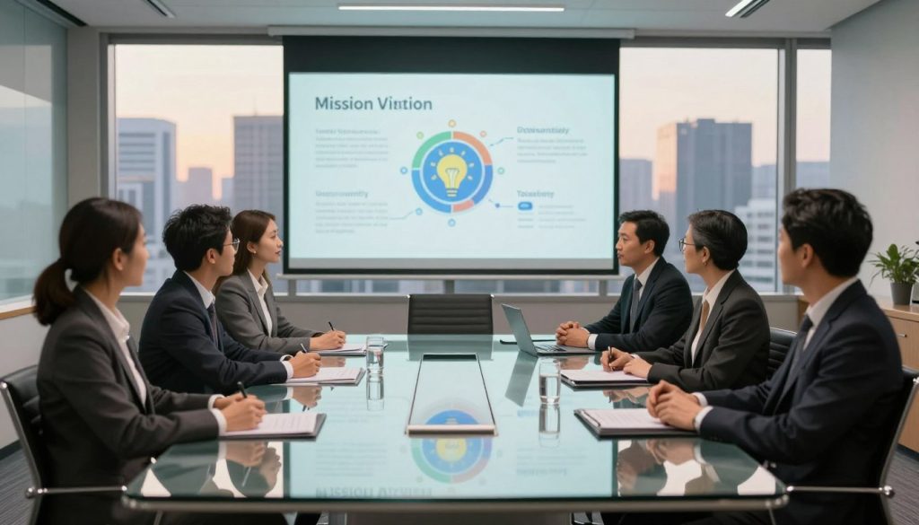 A polished conference room setting, featuring a sleek glass table surrounded by sophisticated business chairs. In the foreground, a diverse group of professionals in business attire, engaged in a discussion about the UNIC Group's mission and vision statement. They exhibit expressions of focus and collaboration, emphasizing teamwork. In the middle ground, a projection screen displays a beautifully designed infographic illustrating key elements of the mission and vision, with icons representing innovation, community, and sustainability. The background showcases large windows revealing a city skyline, bathed in soft, warm ambient lighting that conveys a sense of optimism and ambition. The overall atmosphere is professional yet inspiring, reflecting a forward-thinking corporate environment.