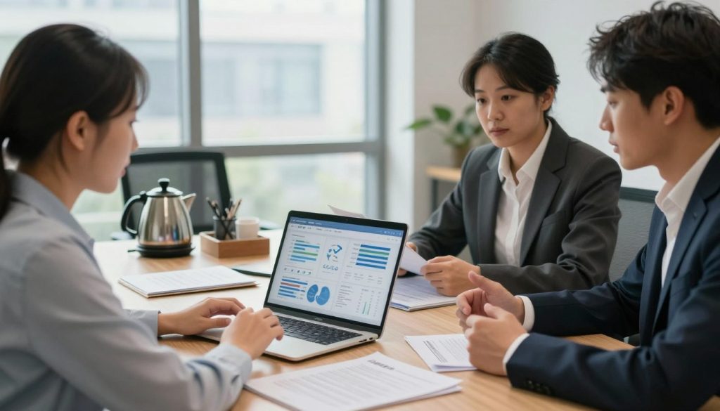 A professional business meeting scene depicting the outsourcing partner selection process. In the foreground, a diverse group of three business professionals, dressed in professional attire, are actively discussing options, with an open laptop displaying data charts and graphs. In the middle ground, a large table hosts various documents, contract proposals, and a coffee pot, creating an atmosphere of focused collaboration. In the background, a modern office with large windows allowing natural light to flood the space, illuminating the participants. The mood is strategic and inspiring, conveying a sense of teamwork and decision-making. The image is shot with a shallow depth of field to emphasize the foreground interaction, utilizing soft, warm lighting to create an inviting atmosphere.