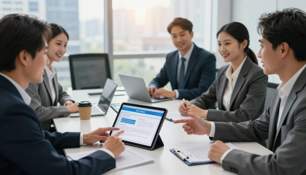 A professional business setting depicting the UNIC Group client onboarding process. In the foreground, a diverse group of individuals dressed in smart professional attire are engaged in an animated discussion, with one person pointing at a digital tablet displaying onboarding materials. In the middle, a sleek, modern conference table is surrounded by chairs, with documents, laptops, and a coffee cup placed neatly on the table. The background features a large window with bright natural light streaming in, revealing a bustling city skyline. The mood is collaborative and welcoming, with a sense of optimism and business professionalism. The image should convey an organized, efficient client onboarding experience, emphasizing teamwork and innovation in a corporate environment. Use soft, warm lighting to enhance the atmosphere.