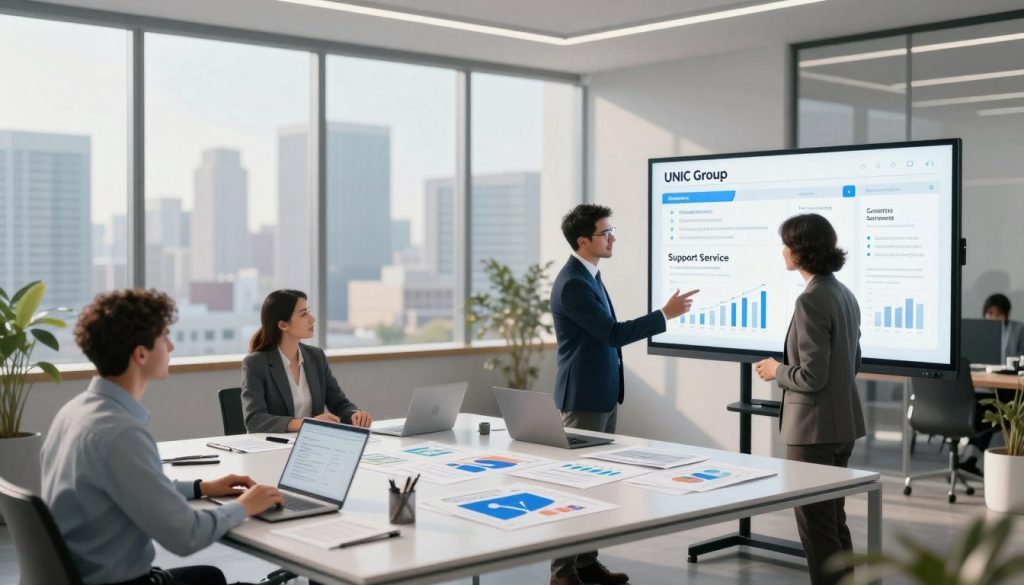 A professional office setting showcasing the UNIC Group, illustrated as a sleek modern workspace. In the foreground, a diverse group of three professionals in business attire are engaged in a collaborative discussion over a digital display of the UNIC Group services. In the middle ground, a large table is filled with documents, laptops, and digital charts that highlight key service areas such as consulting, technology, and support services. The background features floor-to-ceiling windows with a city skyline view, illuminated by soft, natural lighting that creates an inviting and innovative atmosphere. The overall mood is dynamic and focused, symbolizing professionalism and teamwork, captured from a slightly elevated angle for an expansive perspective.