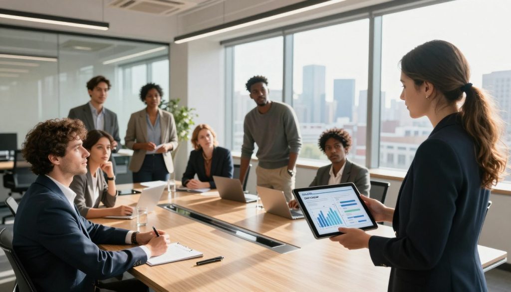 A sleek, modern office environment showcasing a diverse group of professionals engaged in a dynamic brainstorming session around a high-tech conference table. In the foreground, a confident woman in business attire presents a digital tablet displaying intricate graphs and charts specific to UNIC Group's service portfolio. The middle ground features a group of attentive colleagues of various ethnicities, dressed in smart casual or professional attire, exchanging ideas. The background reveals a bright office with floor-to-ceiling windows offering a panoramic view of a city skyline, bathed in natural sunlight. The mood is collaborative and innovative, with warm lighting to enhance the energetic atmosphere. Utilize a wide-angle lens to capture the depth and interaction within the scene while maintaining clarity and focus on the group.