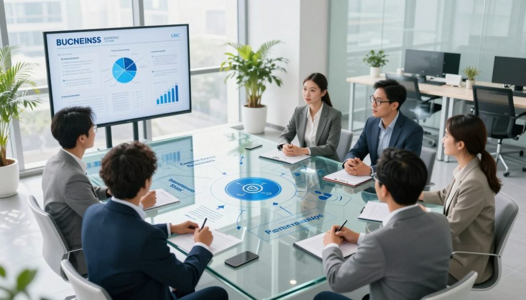 A sleek, modern office setting symbolizes the UNIC Group's innovative business model. In the foreground, a diverse group of four professionals in business attire engages in a collaborative discussion, with diagrams and graphs displayed on a digital screen behind them. The middle ground features a large, translucent glass table with various business model components illustrated, such as 'Customer Segments', 'Value Proposition', 'Revenue Streams', and 'Key Partnerships'. In the background, the office has large windows, allowing natural light to flood in, creating a bright and inspiring atmosphere. The color palette is composed of soft blues and greens to evoke a sense of trust and professionalism. The angle is slightly elevated, giving a panoramic view of the workspace while capturing the dynamics of teamwork and strategy.