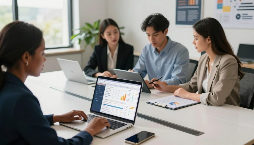 A sleek, modern office space showcasing various business management tools. In the foreground, a stylish conference table with a laptop open, displaying an analytics dashboard, and digital project management software on the screen. A smartphone rests beside the laptop with notifications visible. In the middle ground, a group of three diverse professionals in smart business attire (a Black woman, a Hispanic man, and a Caucasian woman) collaborate over a digital tablet, analyzing graphs and charts. The background features a large window with natural sunlight streaming in, illuminating the room filled with greenery and motivational posters. The mood is one of productivity and teamwork, emphasizing innovation and efficiency in a contemporary business environment. High angle perspective, soft focus on the background to highlight the tools and people in the foreground.