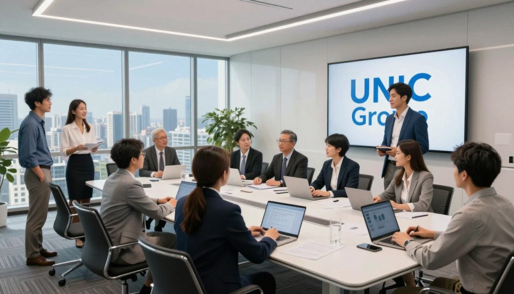A vibrant and dynamic professional scene illustrating UNIC Group's value proposition. In the foreground, diverse business professionals in smart attire engage in collaborative discussions, showcasing teamwork and innovation. The middle ground features a modern, sleek conference room with large windows that allow natural light to flood the space, symbolizing transparency and openness. In the background, a cityscape under a clear blue sky signifies growth and opportunity. The atmosphere is energetic and optimistic, with soft lighting creating a welcoming environment. Use a wide-angle lens to capture the depth of the space, emphasizing the unity and collaboration among team members. The entire image radiates a sense of determination and forward-thinking, reflecting UNIC's commitment to value creation.