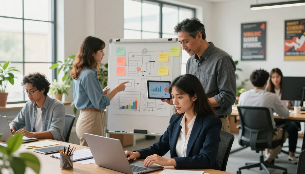 A vibrant, modern office space showcasing a diverse group of professionals collaborating. In the foreground, a focused young woman in smart business attire is analyzing graphs on a laptop, while a middle-aged man is pointing at a digital tablet, discussing strategies. In the middle, a whiteboard filled with colorful notes and diagrams illustrates ideas being brainstormed. The background features large windows with natural light pouring in, plants that add a touch of greenery, and motivational posters on the walls. The atmosphere conveys a sense of teamwork and innovation, with warm lighting that enhances a positive mood. The angle is slightly from above, capturing both the dynamic group and the inspiring environment of a startup setting.
