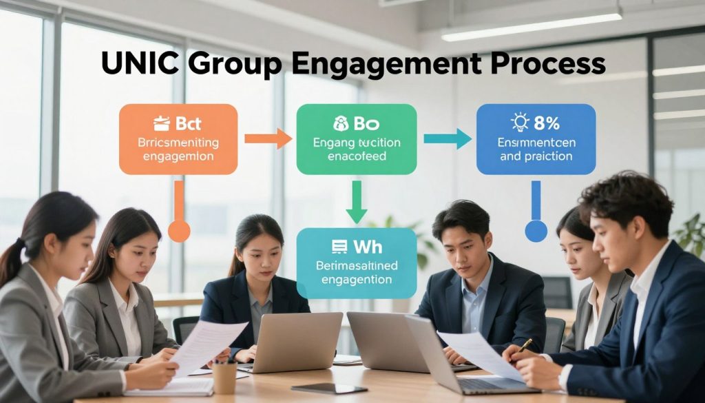 A visually engaging infographic illustrating the "UNIC Group Engagement Process." In the foreground, showcase diverse professionals in business attire collaborating over documents and laptops, emphasizing teamwork and communication. The middle section features a clear, step-by-step flowchart with distinct boxes labeled with key engagement steps, embedded with icons representing each stage. The background is a modern office setting with large windows allowing soft natural light to illuminate the scene, creating a bright and welcoming atmosphere. Use a shallow depth of field to keep the focus on the professionals and the flowchart while softly blurring the office environment. The overall mood is one of clarity, cooperation, and professionalism, symbolizing an organized and effective engagement process.